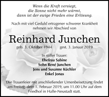Traueranzeige von Reinhard Junchen von Mitteldeutsche Zeitung Halle/Saalkreis