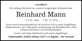 Traueranzeige von Reinhard Mann von Mitteldeutsche Zeitung Bitterfeld