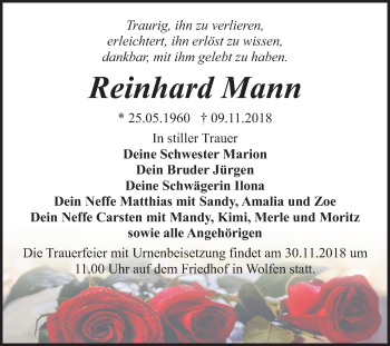Traueranzeige von Reinhard Mann von Mitteldeutsche Zeitung Bitterfeld