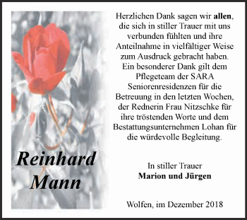 Traueranzeige von Reinhard Mann von WVG - Wochenspiegel Bitterfeld