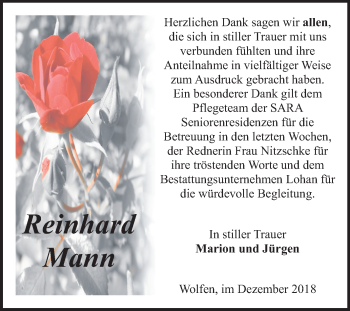 Traueranzeige von Reinhard Mann von Mitteldeutsche Zeitung Bitterfeld