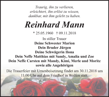 Traueranzeige von Reinhard Mann von WVG - Wochenspiegel Bitterfeld