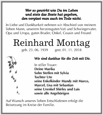 Traueranzeige von Reinhard Montag von Wochenspiegel Mansfelder Land
