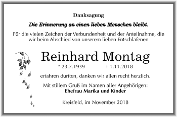 Traueranzeige von Reinhard Montag von Mitteldeutsche Zeitung Mansfelder Land