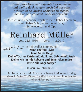 Traueranzeige von Reinhard Müller von WVG - Wochenspiegel Dessau / Köthen