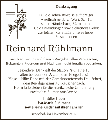 Traueranzeige von Reinhard Rühlmann von WVG - Wochenspiegel NMB / WSF / ZTZ