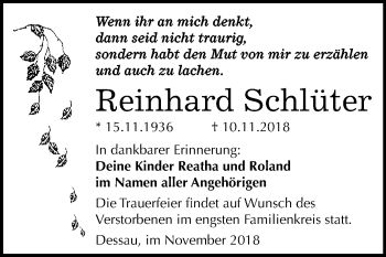 Traueranzeige von Reinhard Schlüter von WVG - Wochenspiegel Dessau / Köthen