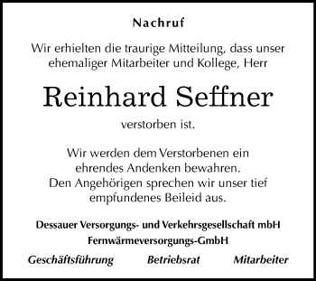 Traueranzeige von Reinhard Herbert Seffner von Mitteldeutsche Zeitung Dessau-Roßlau