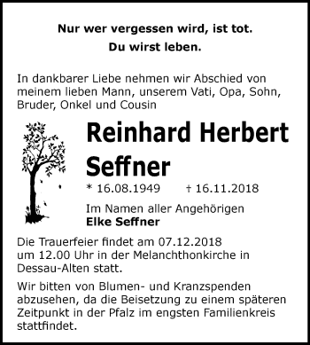 Traueranzeige von Reinhard Herbert Seffner von Mitteldeutsche Zeitung Dessau-Roßlau