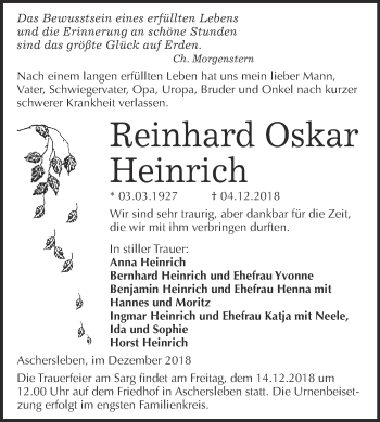 Traueranzeige von Reinhard Oskar Heinrich von Super Sonntag Aschersleben
