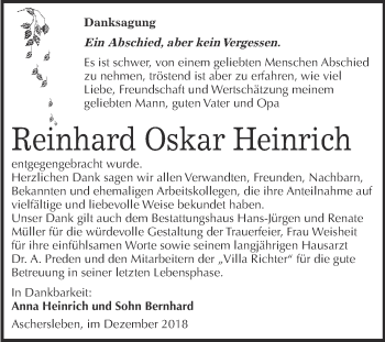 Traueranzeige von Reinhard Oskar Heinrich von Super Sonntag Aschersleben