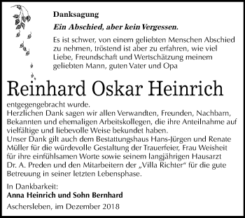 Traueranzeige von Reinhard Oskar Heinrich von Mitteldeutsche Zeitung Aschersleben
