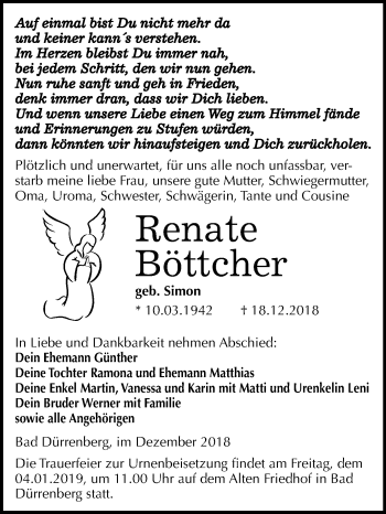 Traueranzeige von Renate Böttcher von Mitteldeutsche Zeitung Merseburg/Querfurt