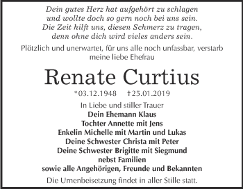 Traueranzeige von Renate Curtius von WVG - Wochenspiegel Dessau / Köthen