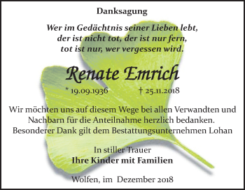 Traueranzeige von Renate Emrich von Mitteldeutsche Zeitung Bitterfeld