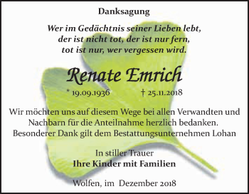 Traueranzeige von Renate Emrich von WVG - Wochenspiegel Bitterfeld