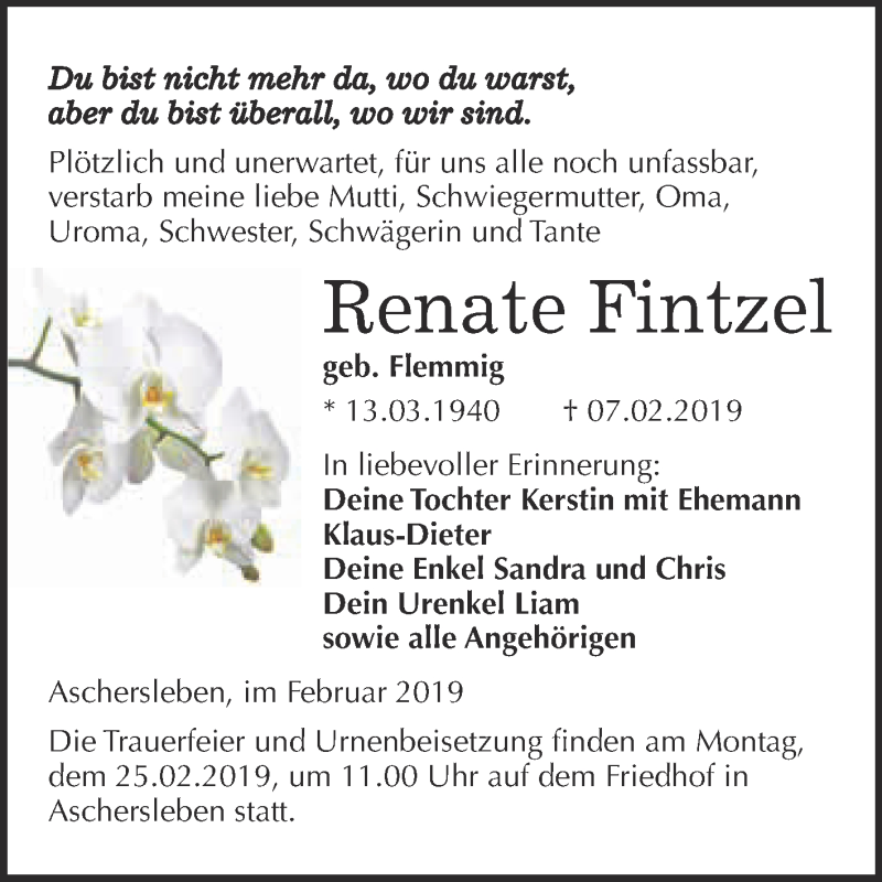  Traueranzeige für Renate Fintzel vom 11.02.2019 aus Super Sonntag Aschersleben