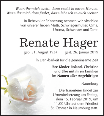 Traueranzeige von Renate Hager von Mitteldeutsche Zeitung