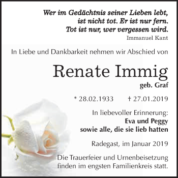 Traueranzeige von Renate Immig von WVG - Wochenspiegel Dessau / Köthen