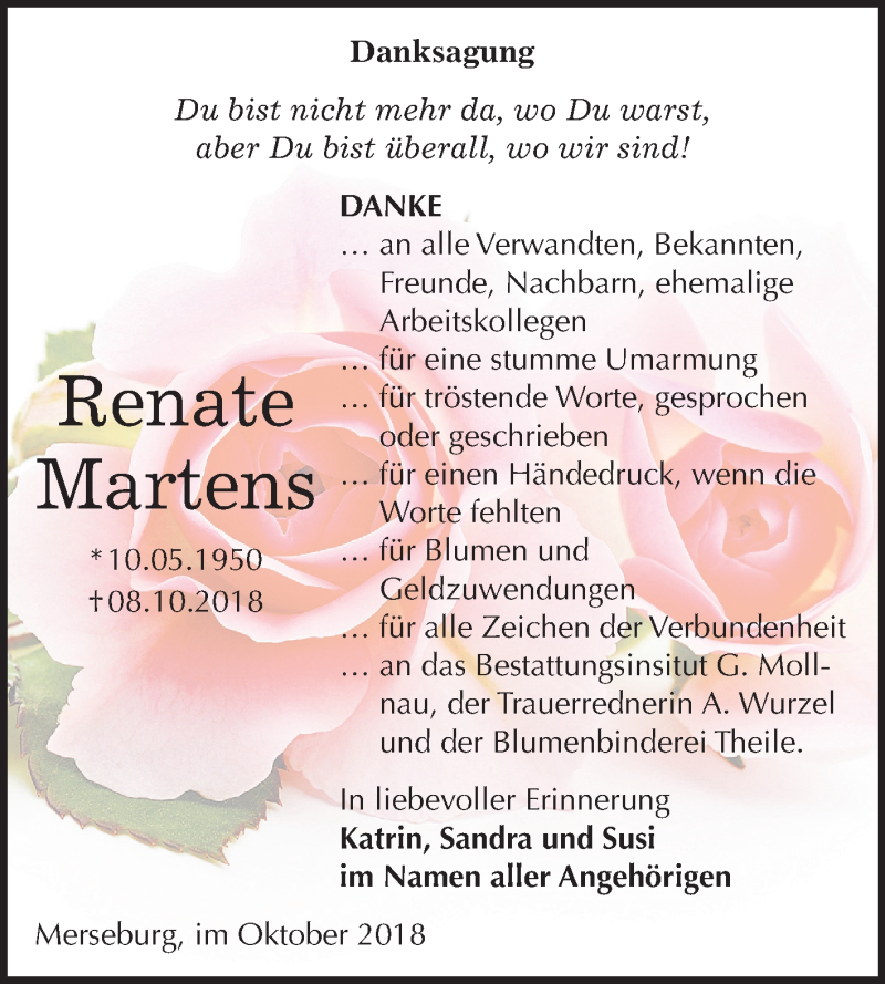  Traueranzeige für Renate Martens vom 03.11.2018 aus Mitteldeutsche Zeitung Merseburg/Querfurt