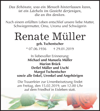 Traueranzeige von Renate Müller von Wochenspiegel Mansfelder Land