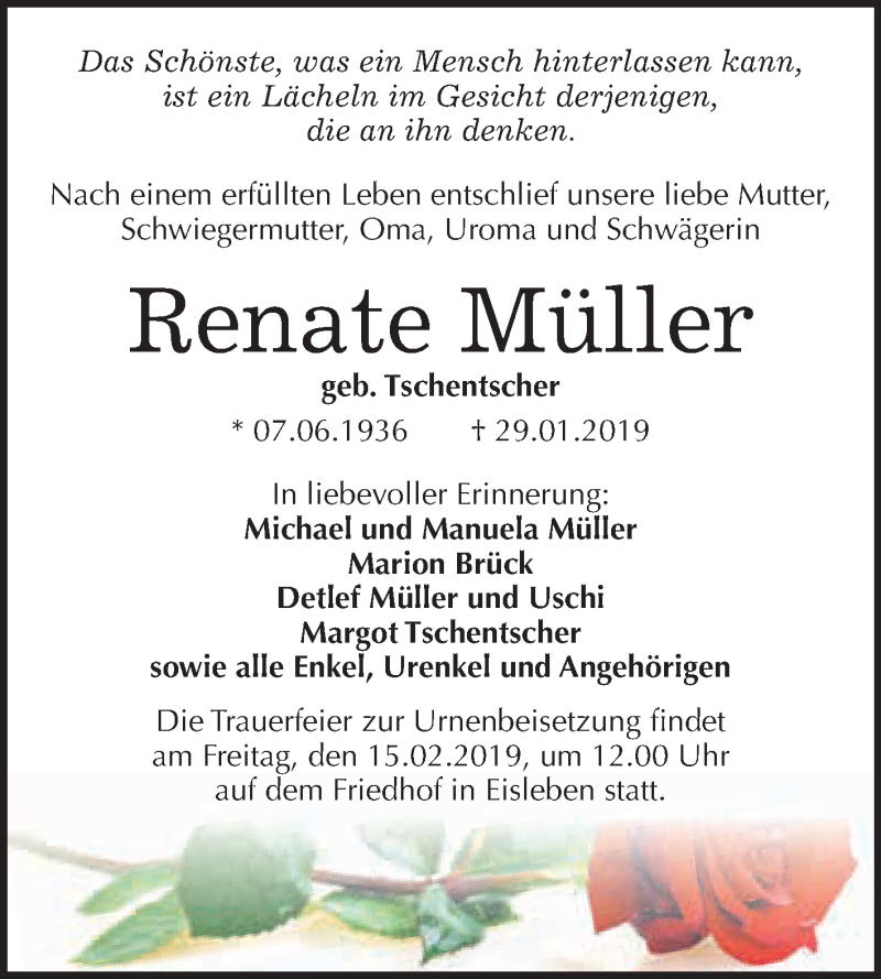  Traueranzeige für Renate Müller vom 06.02.2019 aus Wochenspiegel Mansfelder Land