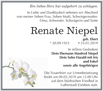 Traueranzeige von Renate Niepel von Super Sonntag SGH Mansf. Land
