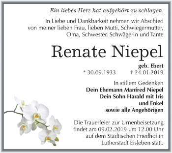 Traueranzeige von Renate Niepel von Mitteldeutsche Zeitung Mansfelder Land