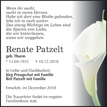 Traueranzeige von Renate Patzelt von Mitteldeutsche Zeitung Sangerhausen