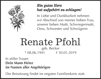 Traueranzeige von Renate Pfohl von WVG - Wochenspiegel NMB / WSF / ZTZ