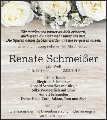 Traueranzeige von Renate Schmeißer von WVG - Wochenspiegel NMB / WSF / ZTZ