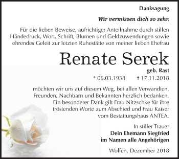 Traueranzeige von Renate Serek von WVG - Wochenspiegel Bitterfeld
