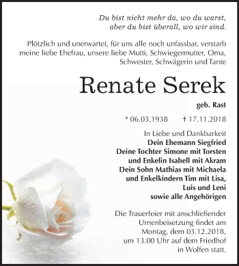 Traueranzeige von Renate Serek von WVG - Wochenspiegel Bitterfeld
