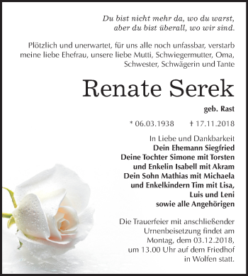Traueranzeige von Renate Serek von Mitteldeutsche Zeitung Bitterfeld