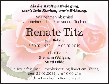 Traueranzeige von Renate Titz von Mitteldeutsche Zeitung Bernburg
