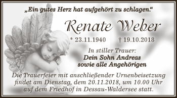 Traueranzeige von Renate Weber von WVG - Wochenspiegel Dessau / Köthen