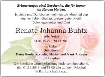 Traueranzeige von Renate Johanna Buhtz von Mitteldeutsche Zeitung Merseburg/Querfurt