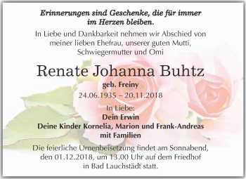 Traueranzeige von Renate Johanna Buhtz von WVG - Wochenspiegel Merseburg