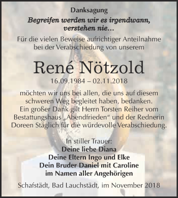 Traueranzeige von Rene Nötzold von WVG - Wochenspiegel Merseburg