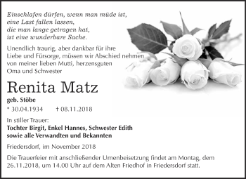 Traueranzeige von Renita Matz von WVG - Wochenspiegel Bitterfeld