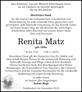 Traueranzeige von Renita Matz von Mitteldeutsche Zeitung Bitterfeld