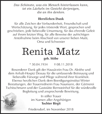 Traueranzeige von Renita Matz von WVG - Wochenspiegel Bitterfeld