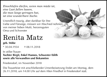Traueranzeige von Renita Matz von Mitteldeutsche Zeitung Bitterfeld