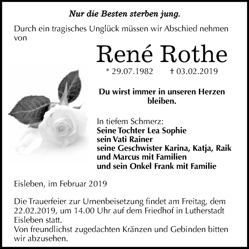  Traueranzeige für René Rothe vom 16.02.2019 aus Super Sonntag SGH Mansf. Land