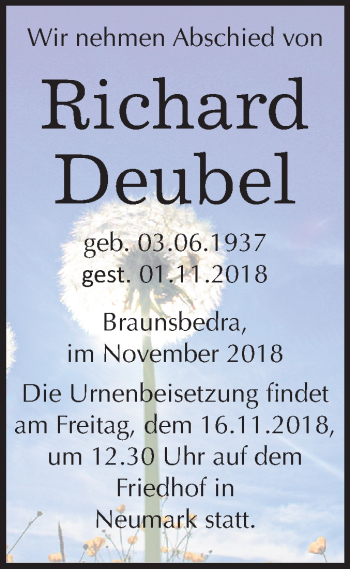 Traueranzeige von Richard Deubel von Mitteldeutsche Zeitung Merseburg/Querfurt