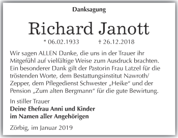 Traueranzeige von Richard Janott von WVG - Wochenspiegel Bitterfeld