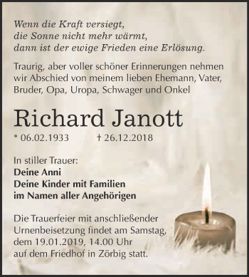 Traueranzeige von Richard Janott von WVG - Wochenspiegel Bitterfeld