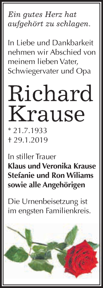 Traueranzeige von Richard Krause von WVG - Wochenspiegel Dessau / Köthen