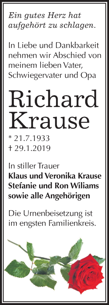 Traueranzeige von Richard Krause von Mitteldeutsche Zeitung Köthen