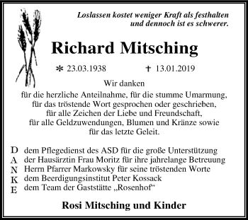 Traueranzeige von Richard Mitsching von WVG - Wochenspiegel Dessau / Köthen